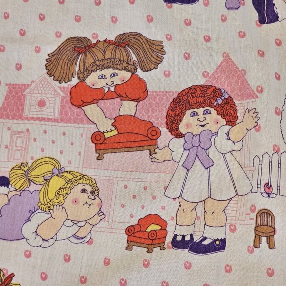 Vintage Cabbage Patch Kids Twin Bed Sheet 66 X 94 Fabric Upcycle White Pink - Picture 6 of 9